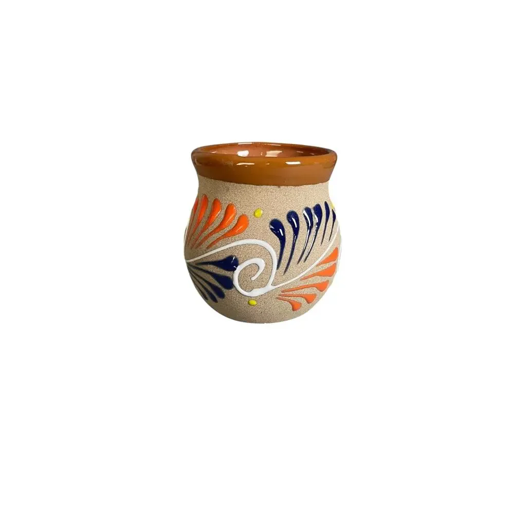 Mexican Tonala Sandstone Pottery Mug With Hand Painted Enamel & Glazed Interior